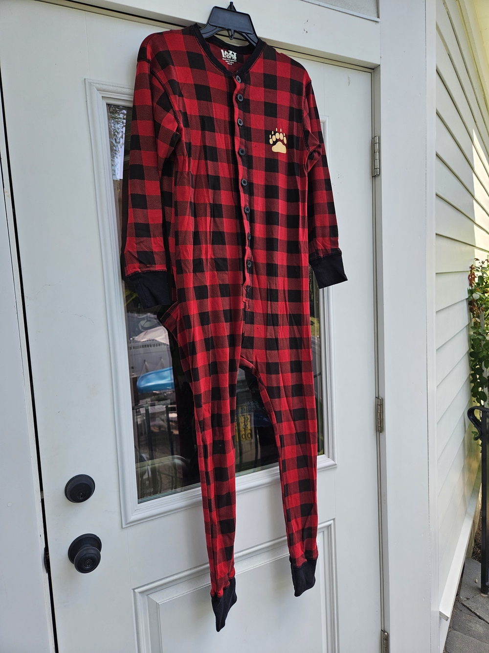 Lazy One Flapjack Red Buffalo Plaid Bear Cheeks Adult Onesie Pajamas Size M